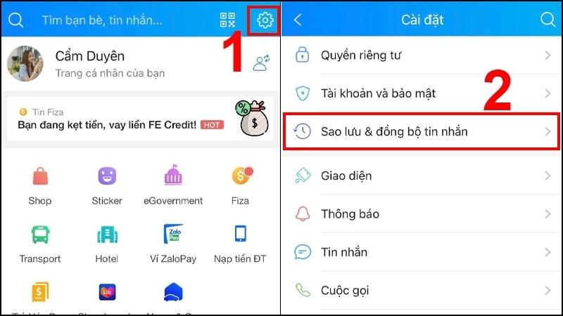 Chọn biểu tượng bánh răng cưa để truy cập vào phần "Cài đặt", sau đó chọn "Sao lưu và đồng bộ tin nhắn".