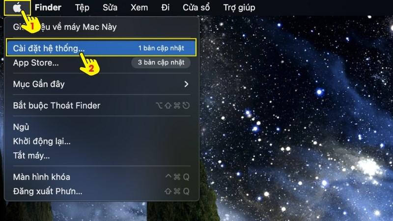 Chọn logo Apple g&oacute;c tr&aacute;i tr&ecirc;n > Mở C&agrave;i đặt hệ thống (System Settings)
