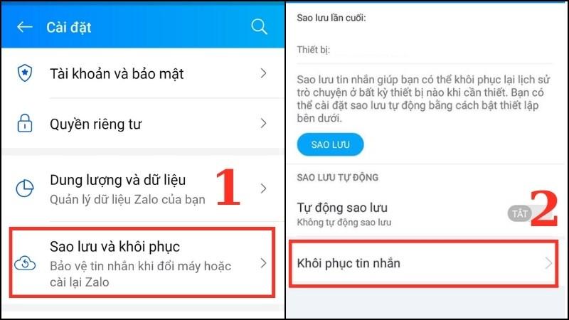 Chọn Sao lưu v&agrave; kh&ocirc;i phục, sau đ&oacute; nhấn Kh&ocirc;i phục tin nhắn