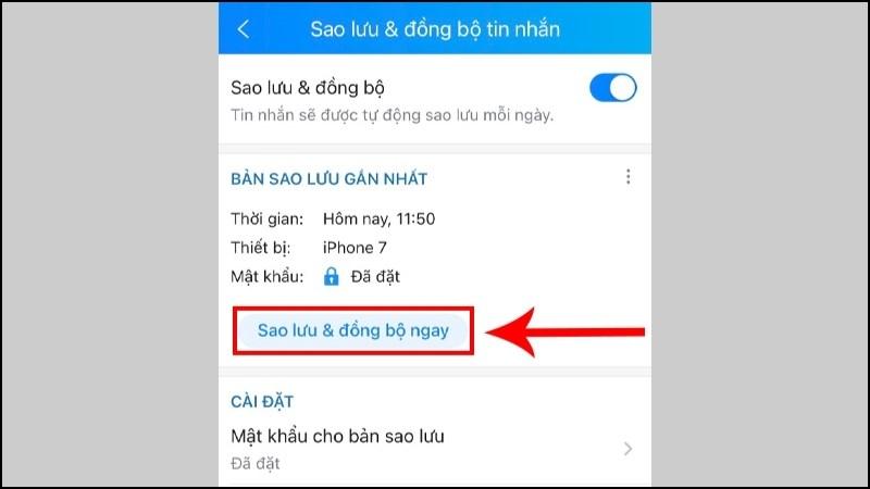 Nhấn chọn "Sao lưu & đồng bộ ngay" để bắt đầu quá trình sao lưu dữ liệu Zalo.