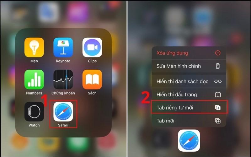 Nhấn giữ biểu tượng Safari để mở tab ẩn danh