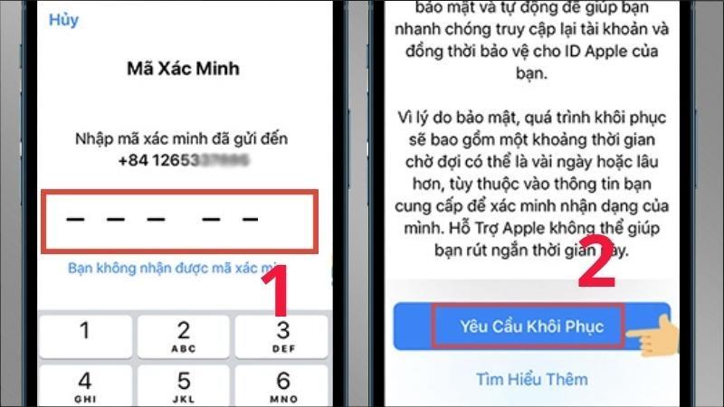 Nhập m&atilde; x&aacute;c nhận > Chọn mục Y&ecirc;u cầu kh&ocirc;i phục