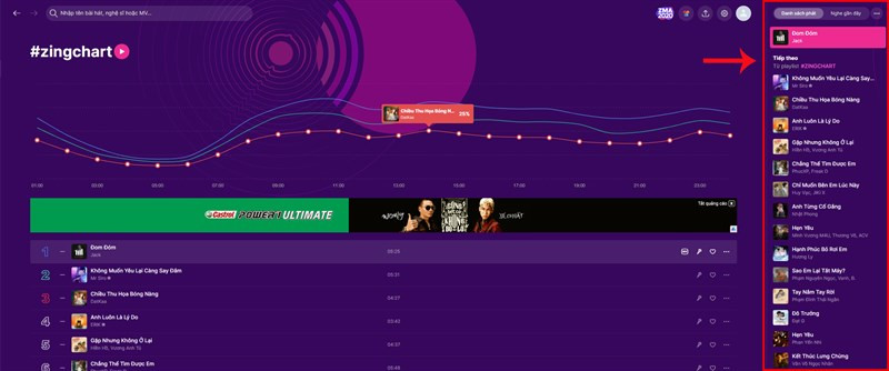 alt text: Nghe nhạc từ bảng xếp hạng trên Zing MP3
