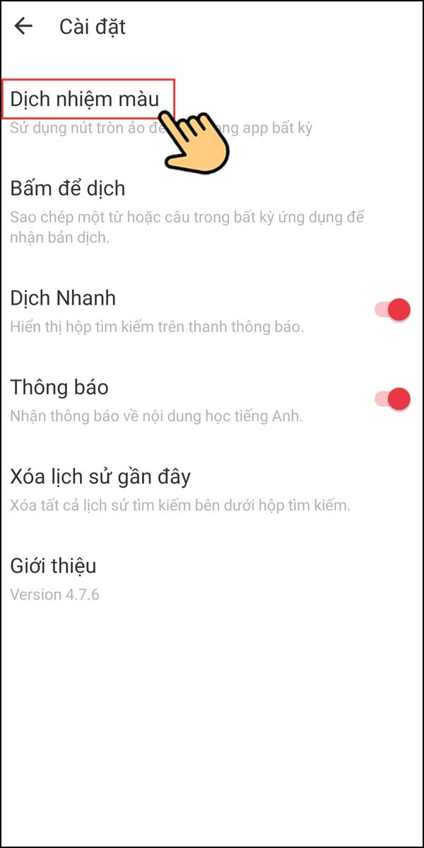 Cài đặt Dịch nhiệm màu