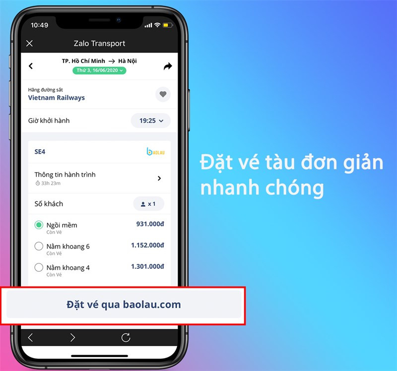 đặt vé tàu qua Zalo