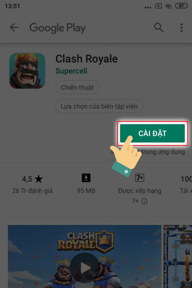 Nhấn cài đặt Clash Royale