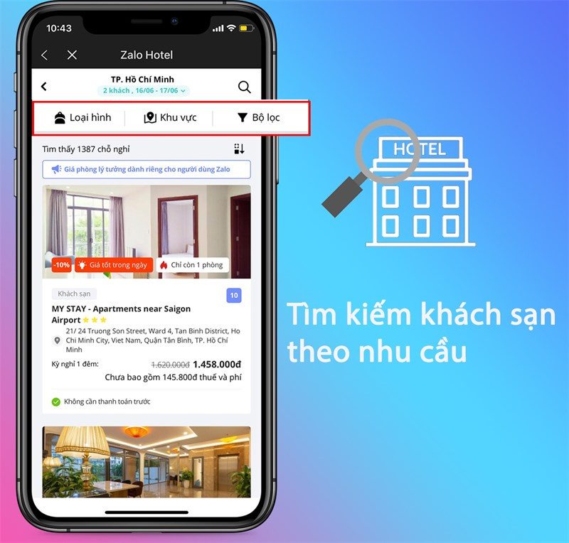 tìm kiếm khách sạn trên Zalo