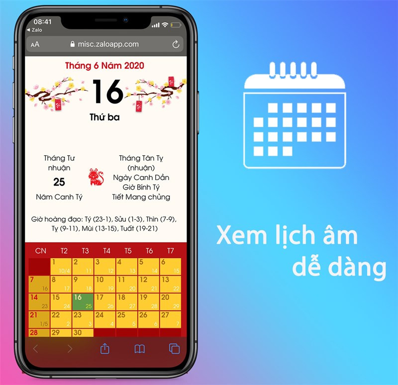 xem lịch âm trên Zalo