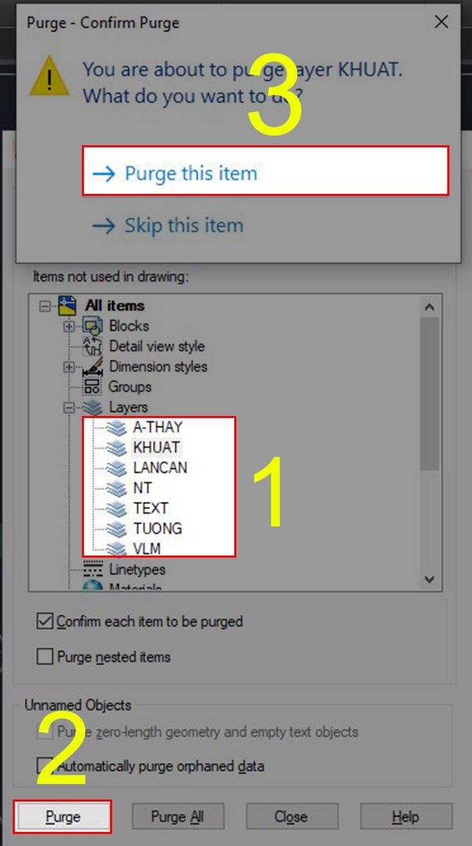 Cách xóa layer bằng lệnh Purge