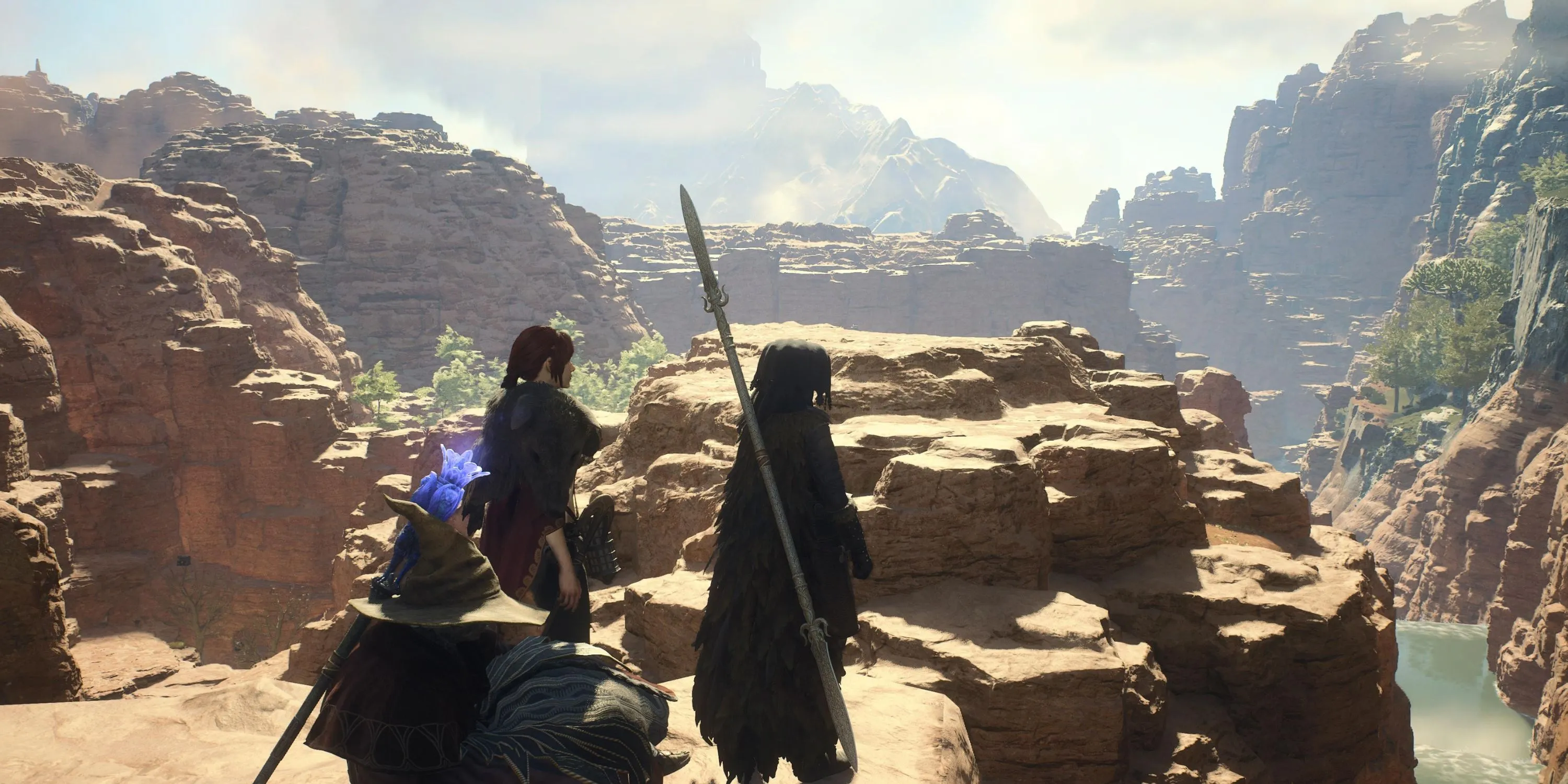 A large dragon flies over a landscape in Dragon's Dogma 2