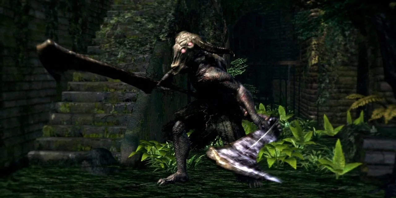 Boss Capra Demon Dark Souls lao tới tấn công trong căn phòng chật hẹp