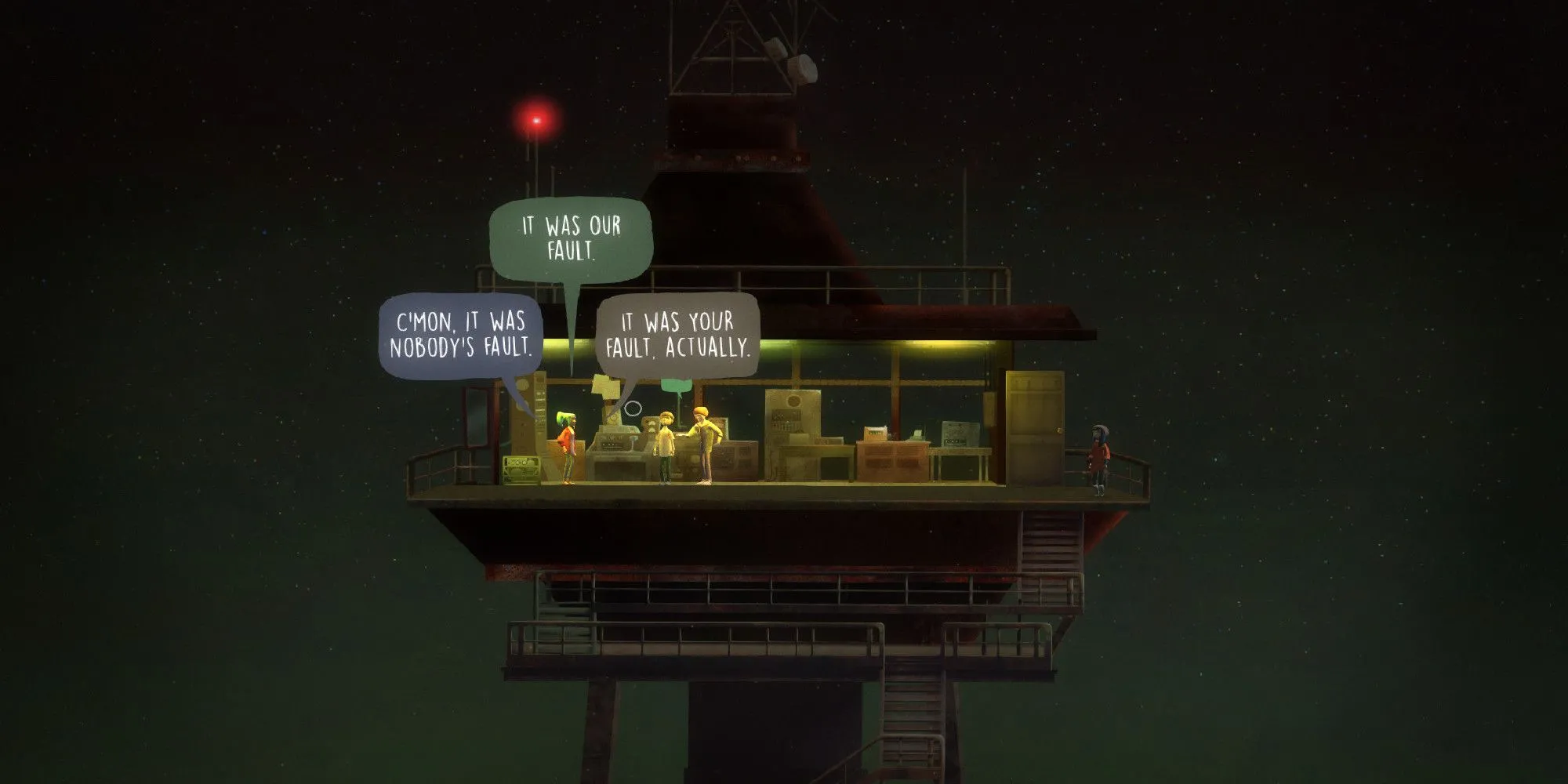 Các nhân vật trong Oxenfree đang tranh luận trên đỉnh một trạm phát, bối cảnh game phiêu lưu siêu nhiên về tuổi teen