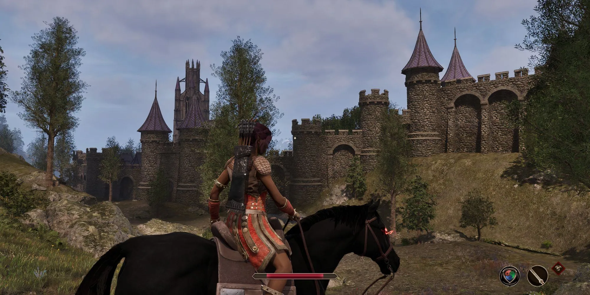 Cảnh cưỡi ngựa dạo quanh Cheydinhal trong thế giới Oblivion Remastered