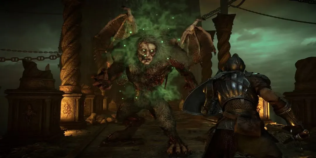 Cặp boss Maneaters Demon's Souls trên cây cầu hẹp