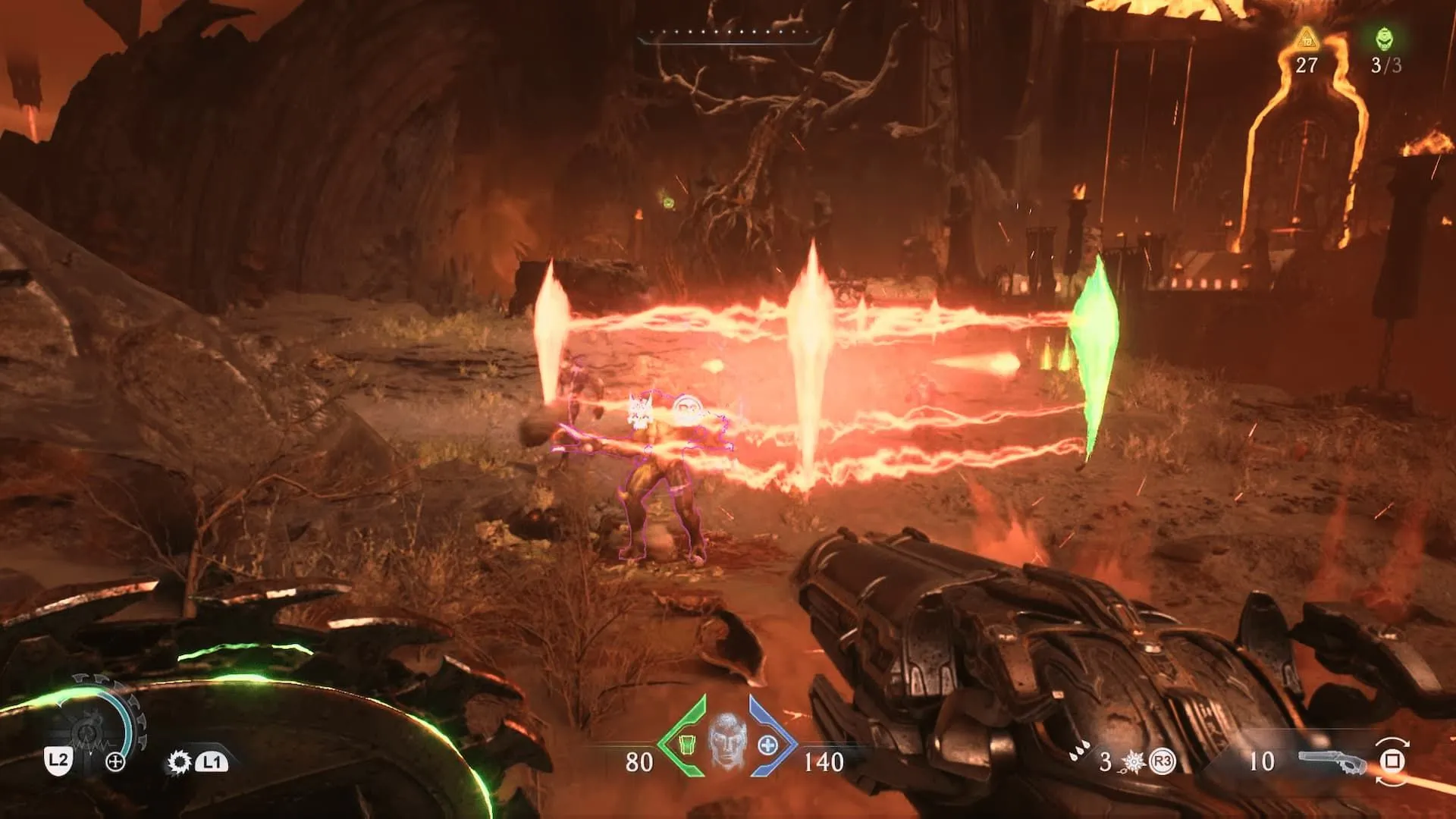 DOOM Slayer đối mặt với các kẻ thù Cultists sử dụng tia laser trong DOOM The Dark Ages