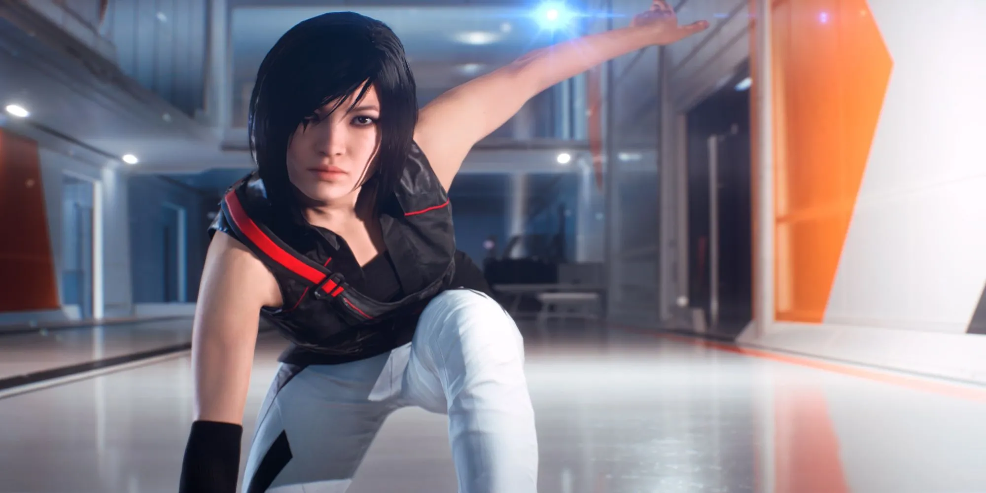 Faith from Mirror's Edge Catalyst standing on a rooftop overlooking the city