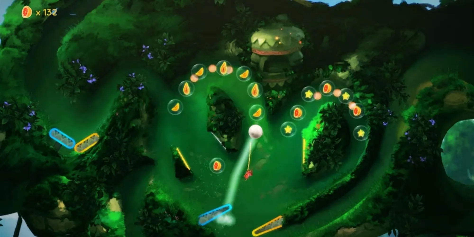 Gameplay pinball độc đáo trong game Metroidvania Yoku's Island Express.