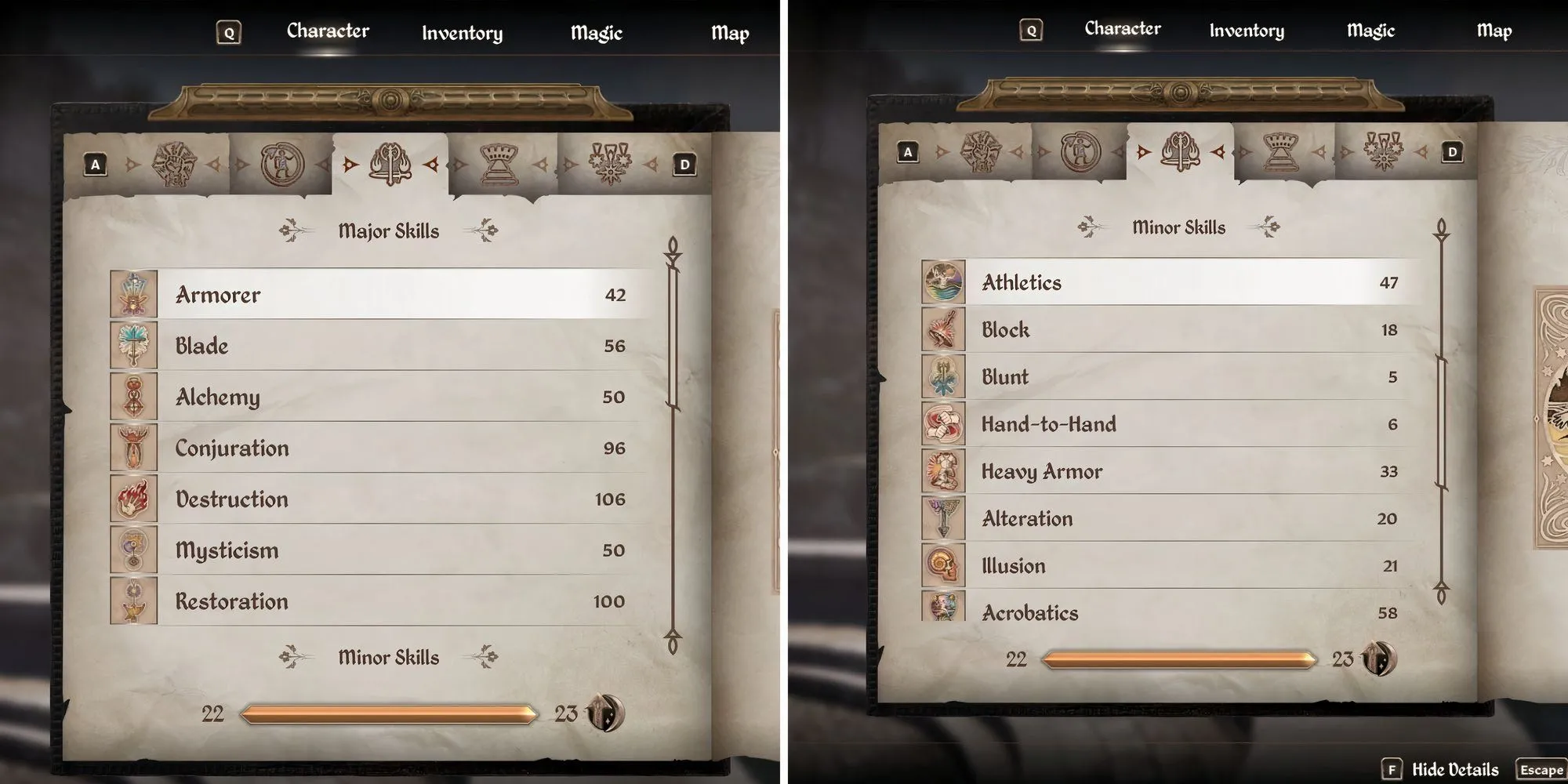 Giao diện chọn kỹ năng chính (Major Skills) khi tạo nhân vật trong Oblivion Remastered