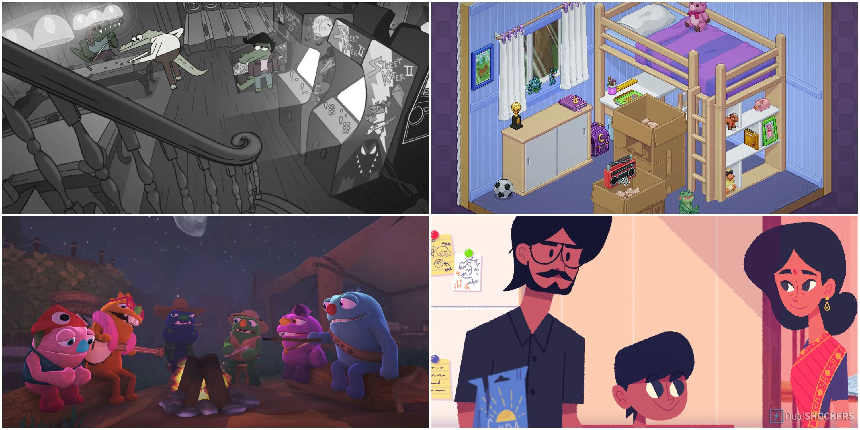 Hình ảnh collage từ ba game indie với cốt truyện hay: Later Alligator, Unpacking và Venba