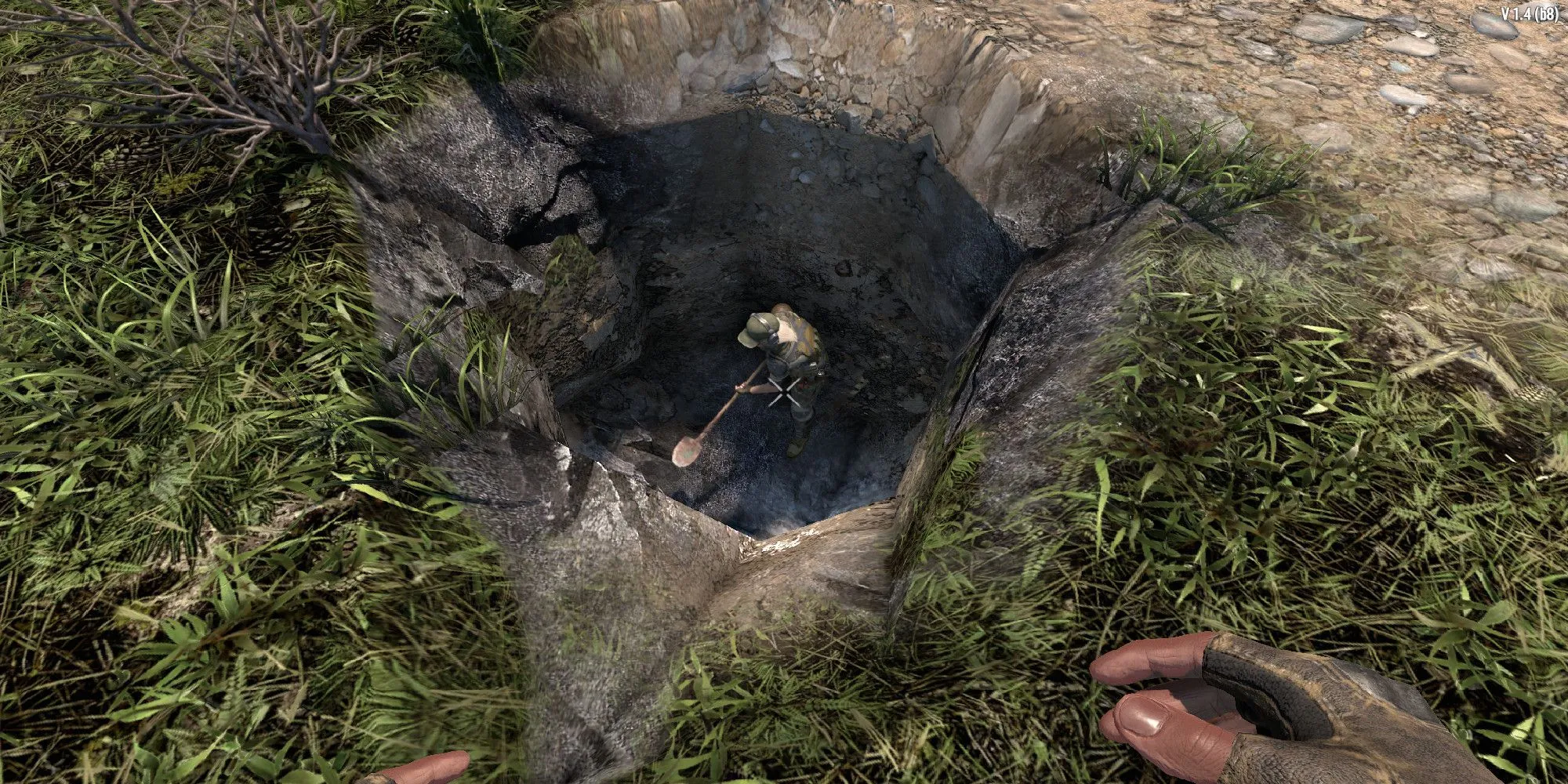Hình ảnh người chơi đang đào đất tìm kho báu, minh họa kỹ năng Treasure Hunter trong 7 Days to Die.