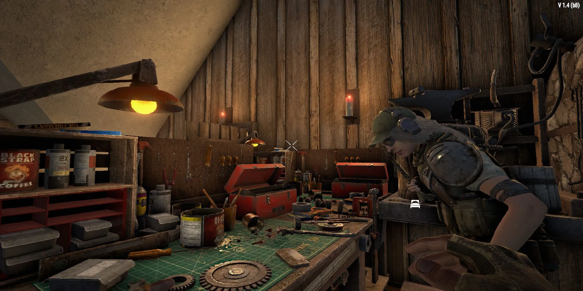 Hình ảnh người chơi đang làm việc tại bàn chế tạo, thể hiện kỹ năng Advanced Engineering trong 7 Days to Die.