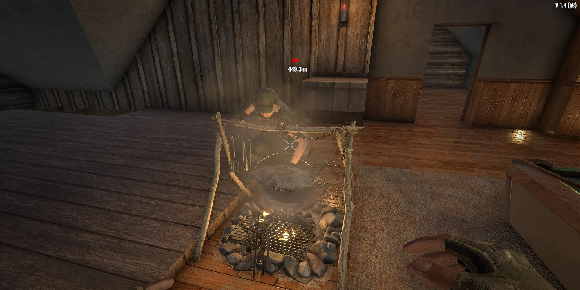Hình ảnh người chơi đang nấu ăn tại bếp lửa trại, minh họa cho kỹ năng Master Chef trong 7 Days to Die.