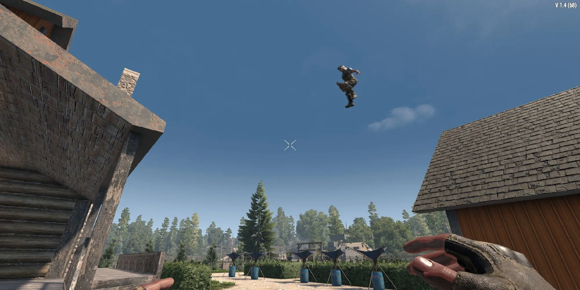 Hình ảnh người chơi đang nhảy từ mái nhà này sang mái nhà khác, minh họa kỹ năng Parkour trong 7 Days to Die.
