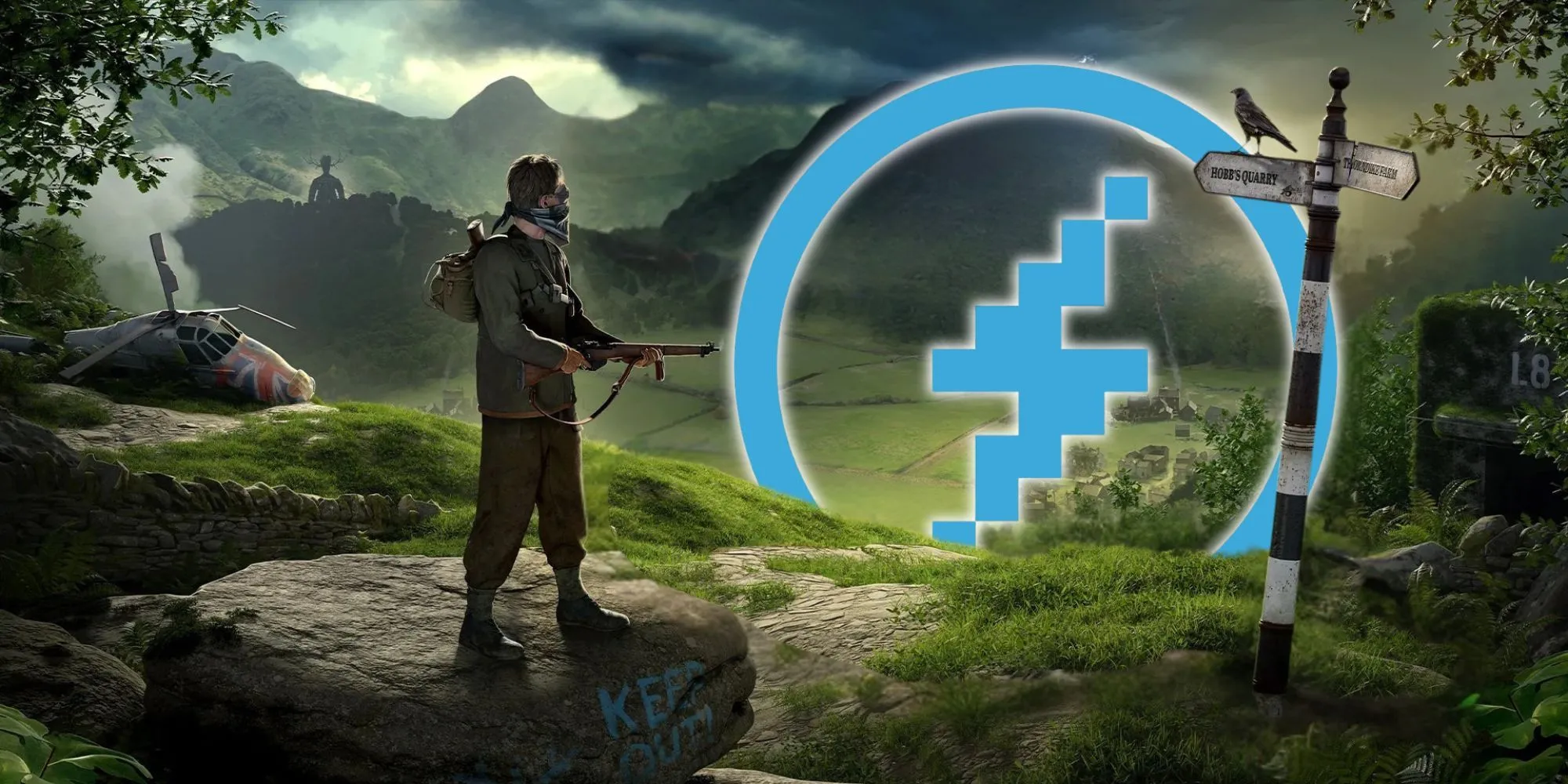 Hình ảnh phỏng vấn Ben Fisher về game Atomfall với logo và cảnh trong game