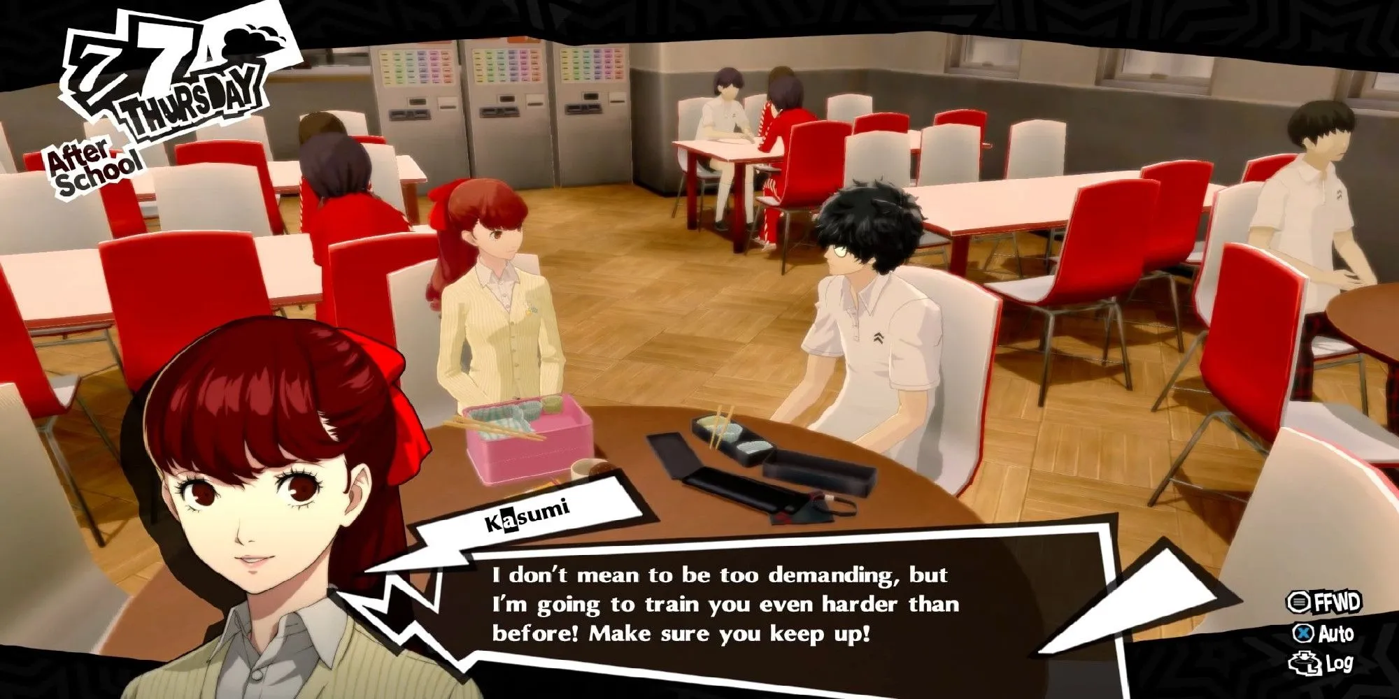 Joker, nhân vật chính của Persona 5, đang ngồi ăn trưa, thể hiện cuộc sống học đường trong game JRPG