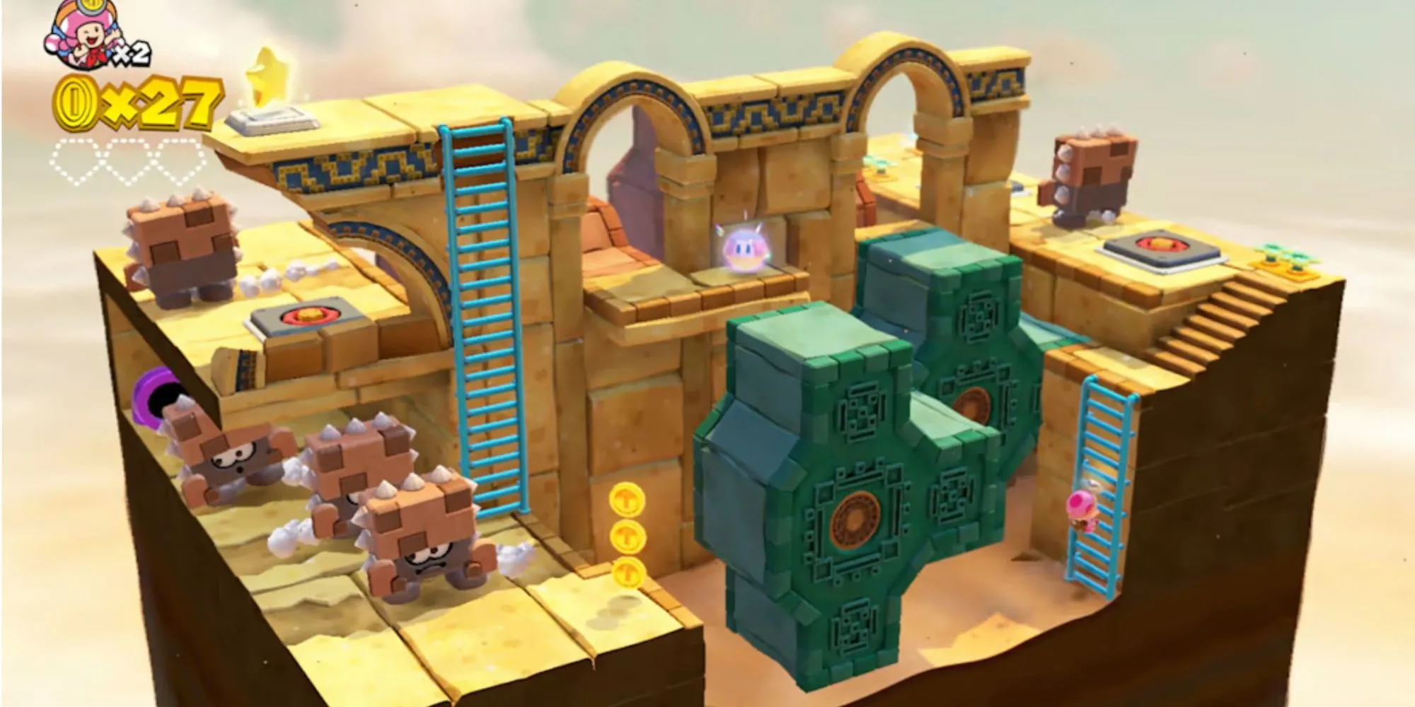 Lối chơi giải đố khám phá màn chơi 3D của Captain Toad: Treasure Tracker.