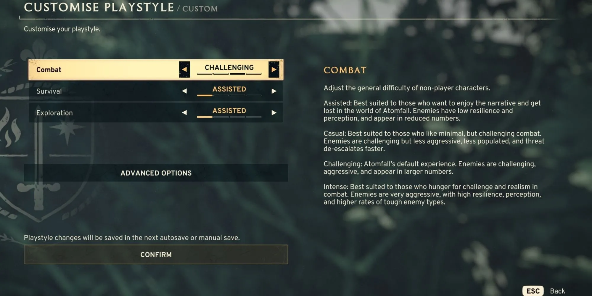 Menu tùy chỉnh các chế độ độ khó chiến đấu trong game Atomfall