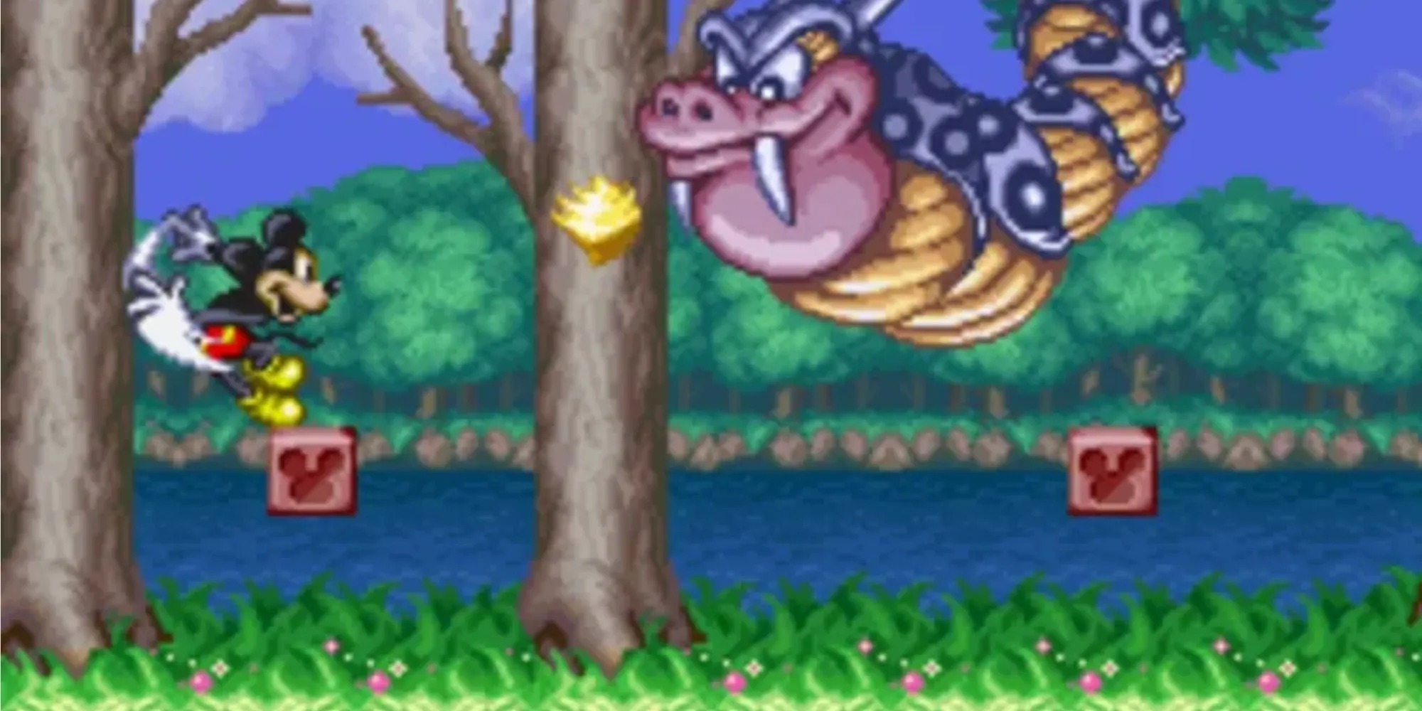 Mickey Mouse mặc trang phục pháp sư, đối mặt với kẻ thù trong The Magical Quest trên SNES
