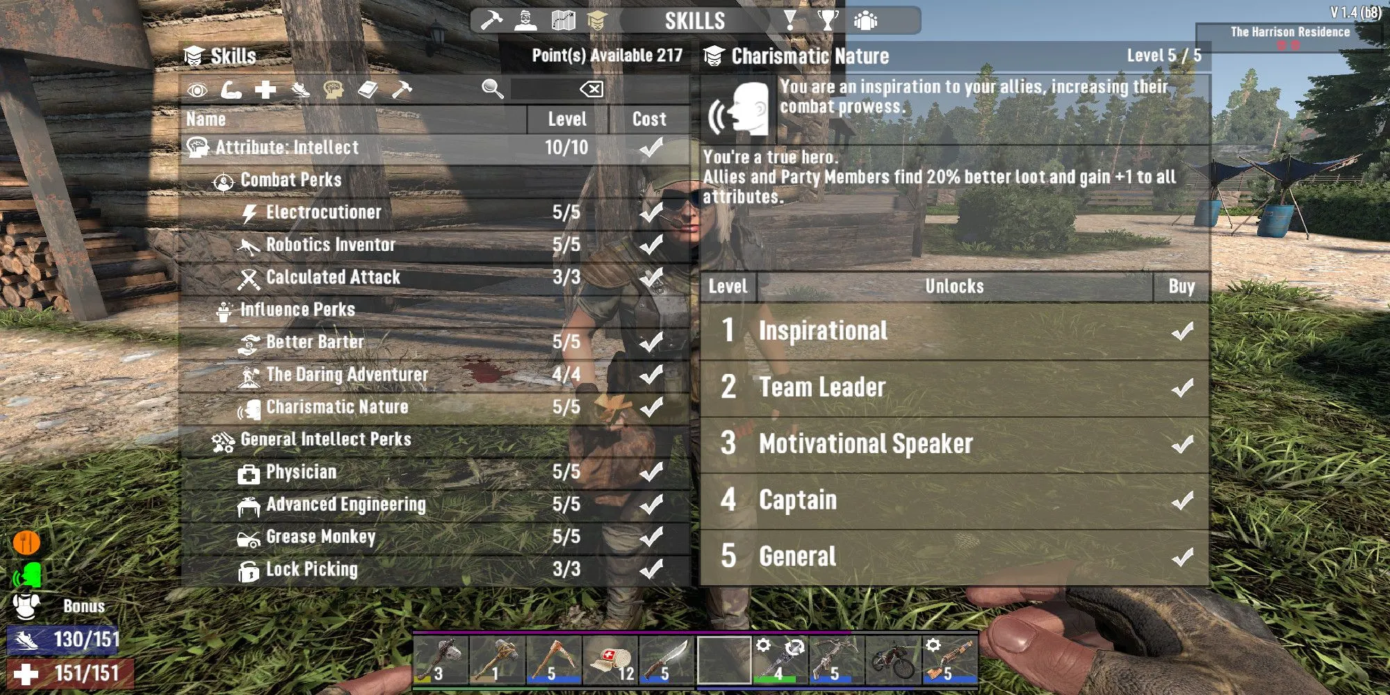 Minh họa kỹ năng Charismatic Nature trong game 7 Days to Die, hiển thị bảng thông tin chi tiết về các cấp độ của perk này.