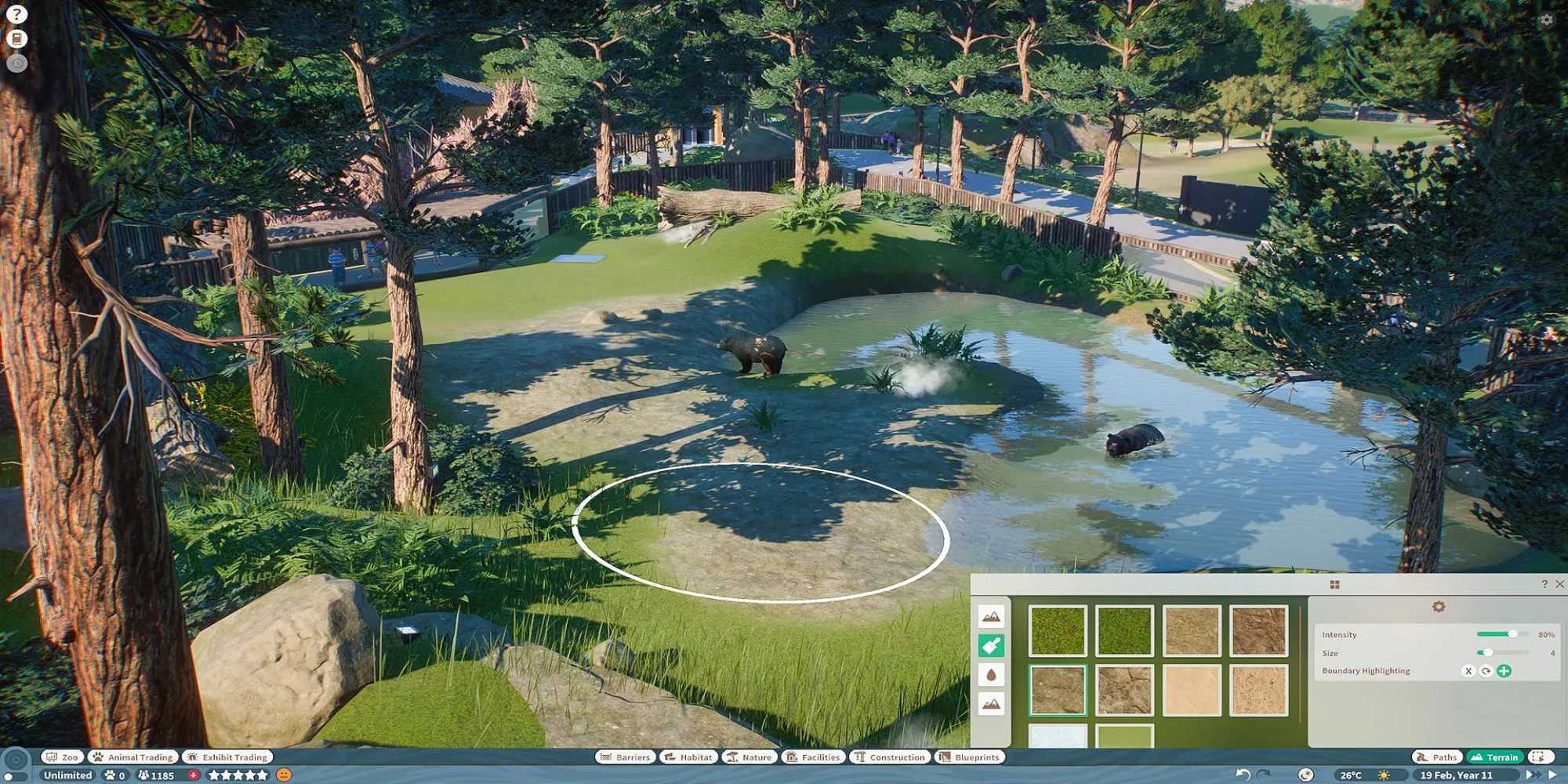 Một góc nhìn toàn cảnh sở thú trong Planet Zoo với các loài động vật đa dạng