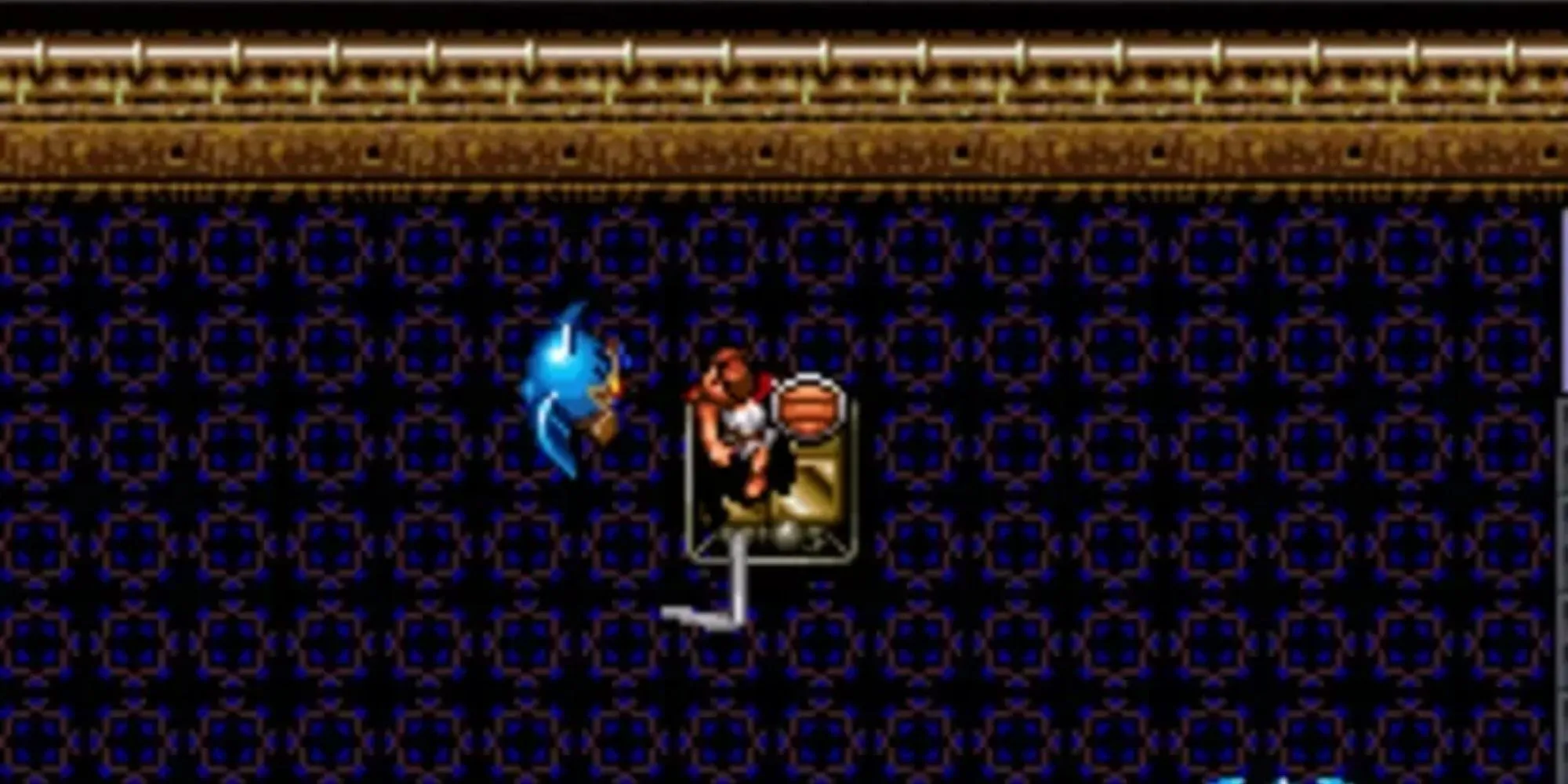 Nhân vật chính chiến đấu với quái vật trong một dungeon từ trên xuống trong game ARPG Brain Lord trên SNES