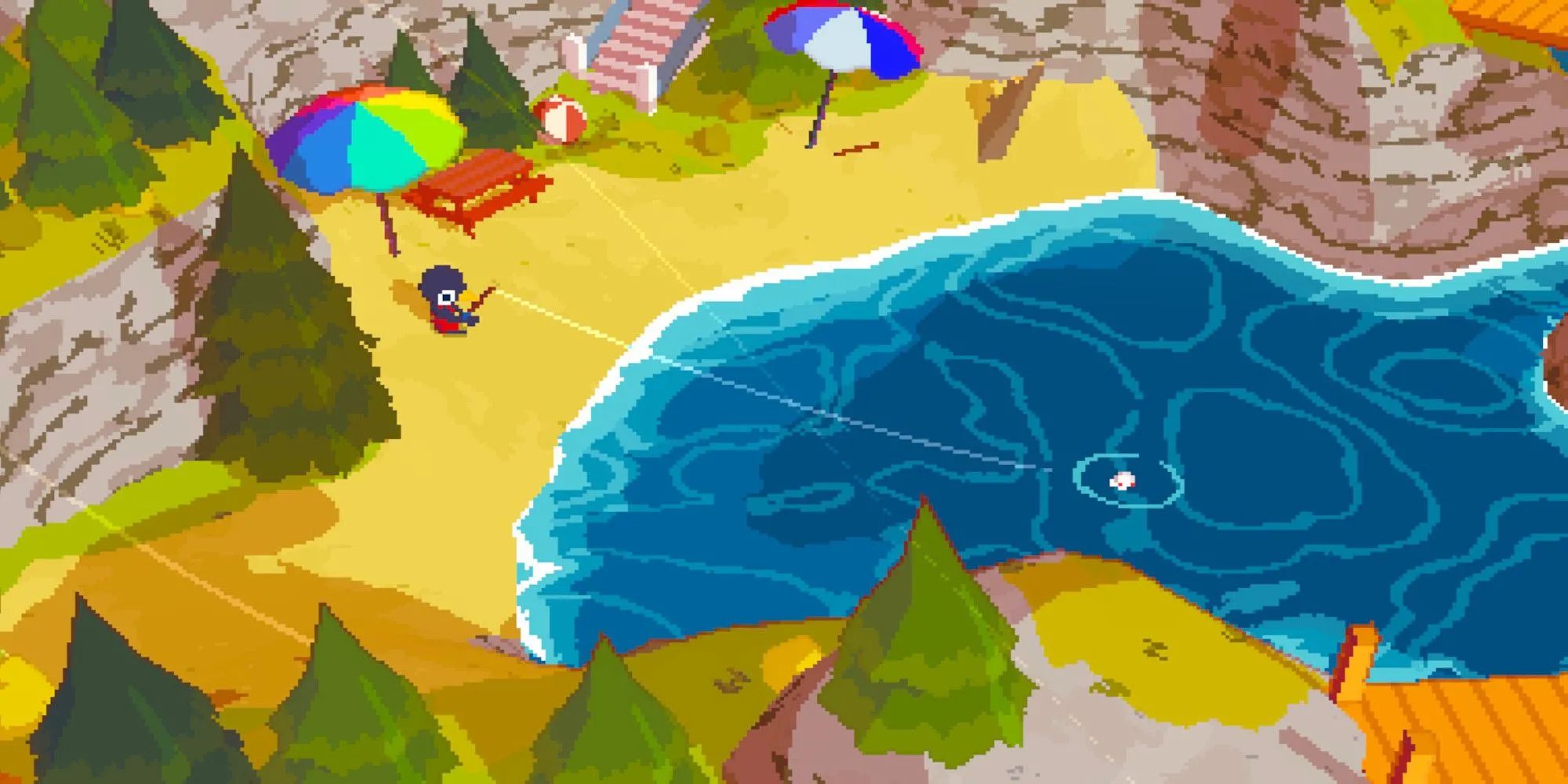 Nhân vật chính Claire đang câu cá ngoài bãi biển trong game phiêu lưu nhẹ nhàng A Short Hike