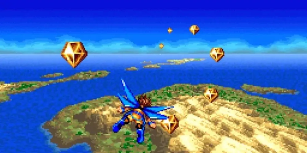 Nhân vật chính Sky đang thực hiện đòn tấn công phép thuật trong một màn chơi trên không từ game Skyblazer trên SNES