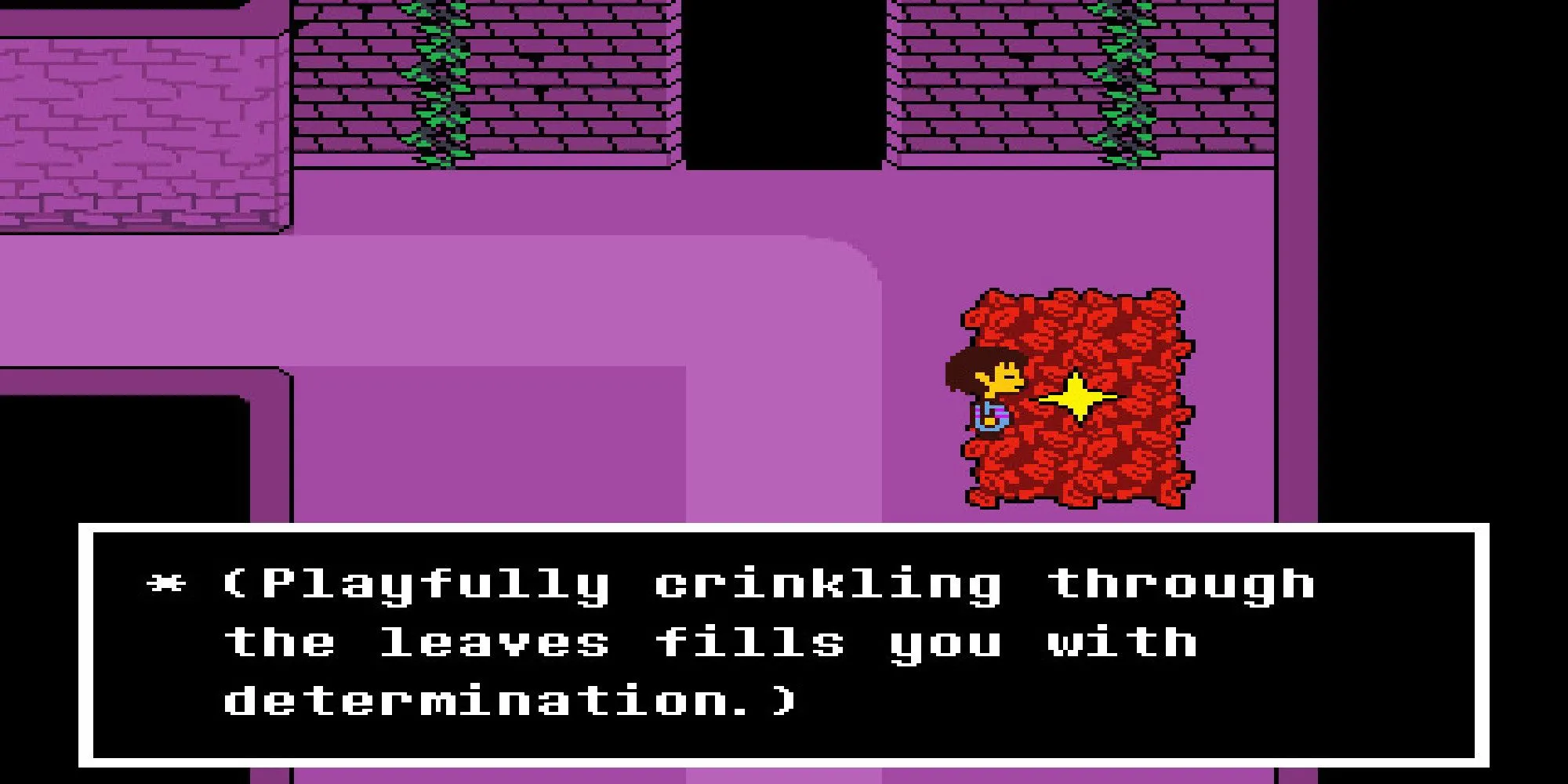 Nhân vật chính trong Undertale đang chơi đùa với lá cây, thể hiện khía cạnh phiêu lưu khám phá của game RPG indie