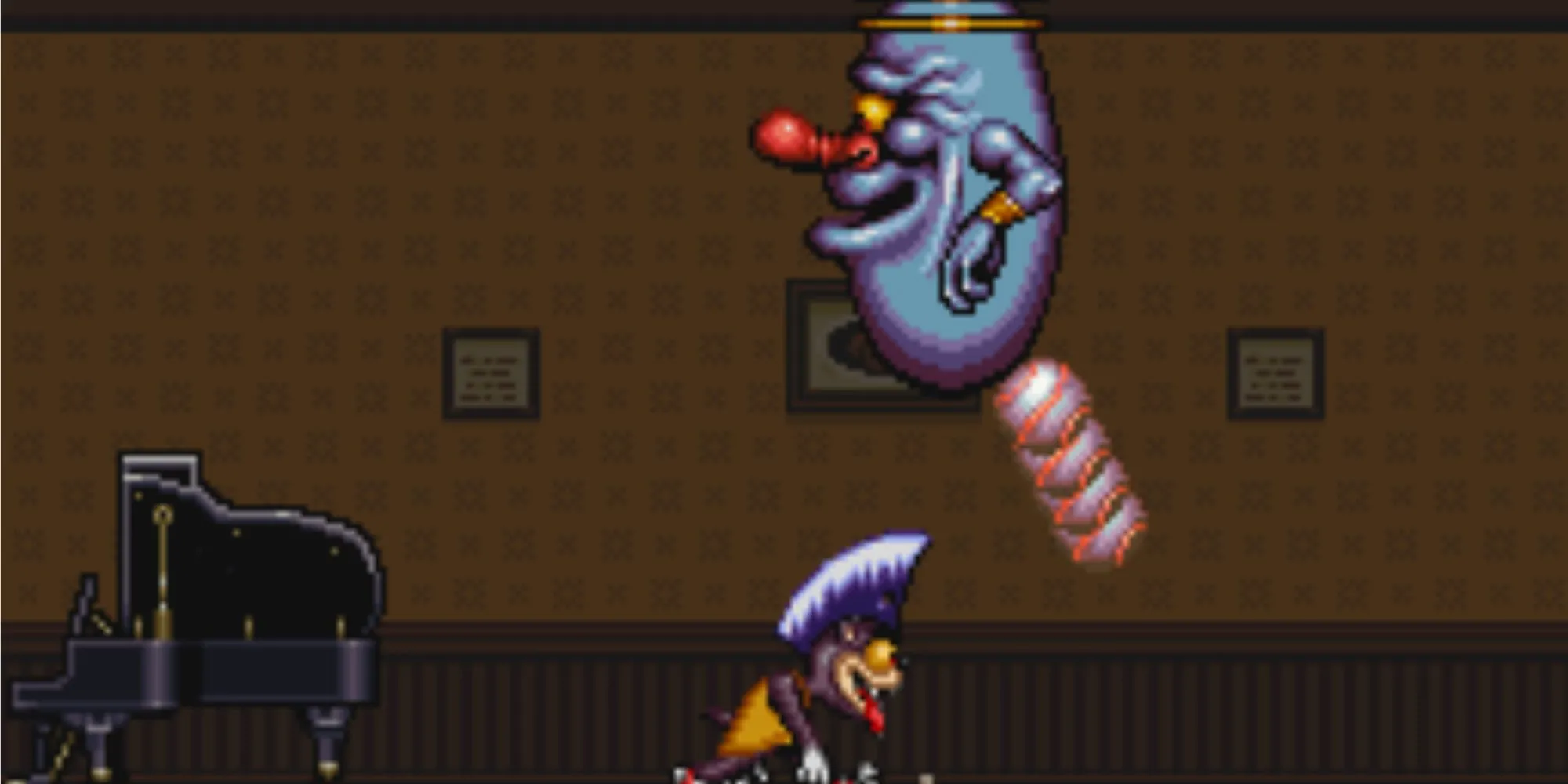 Nhân vật chuột Rocky Rodent với mái tóc khác nhau, thực hiện các động tác platforming trong màn chơi đầy màu sắc từ game SNES