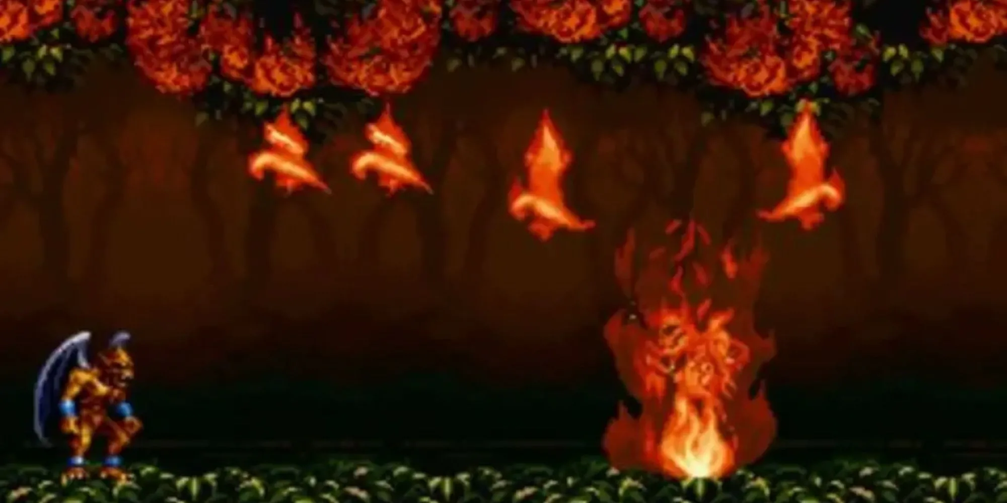 Nhân vật Firebrand đang chiến đấu với quái vật trong một môi trường gothic tối tăm từ game platformer hành động Demon's Crest trên SNES