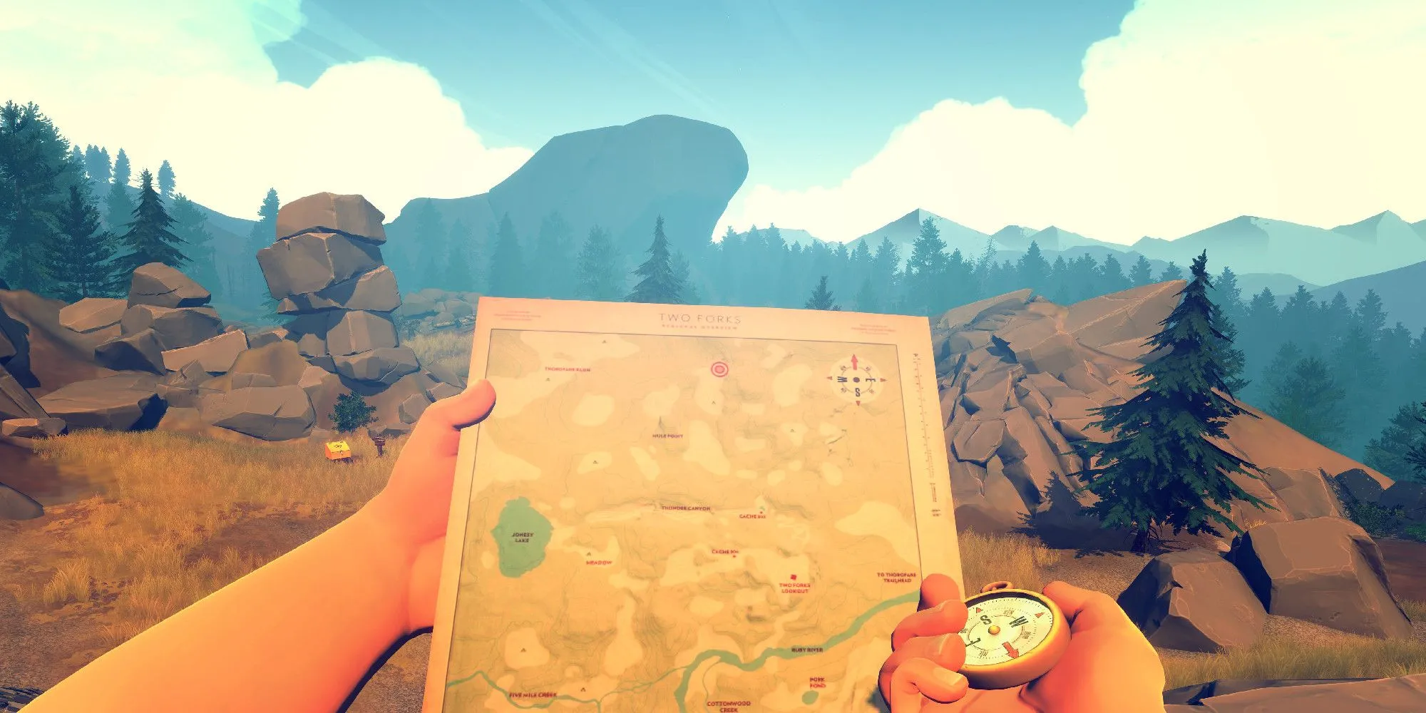 Nhân vật Henry nhìn vào bản đồ trong rừng ở Firewatch, một game phiêu lưu góc nhìn thứ nhất