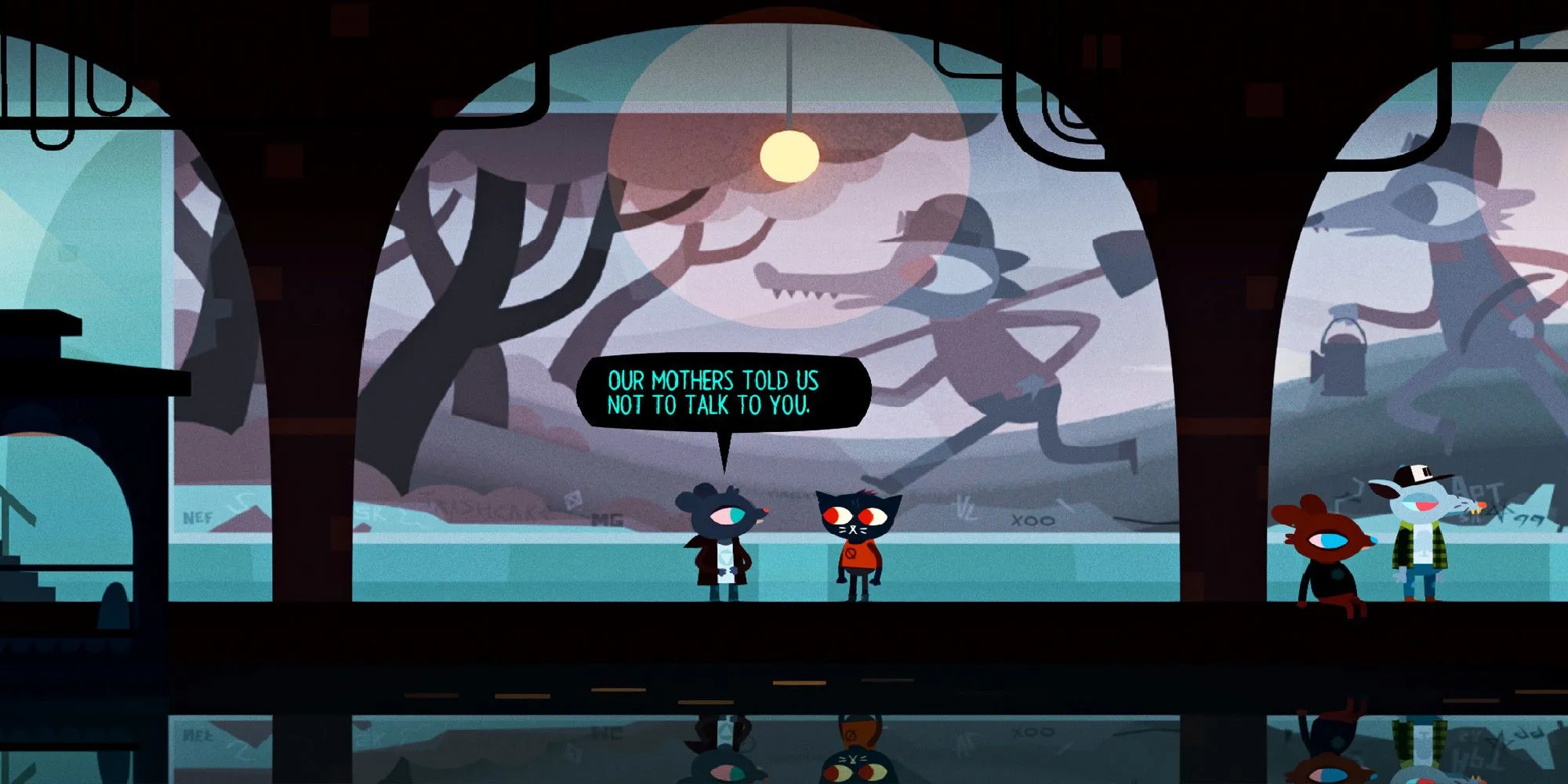 Nhân vật Mae nói chuyện với ai đó cạnh ga tàu điện ngầm trong Night in the Woods, tái hiện cuộc sống thị trấn nhỏ và mối quan hệ