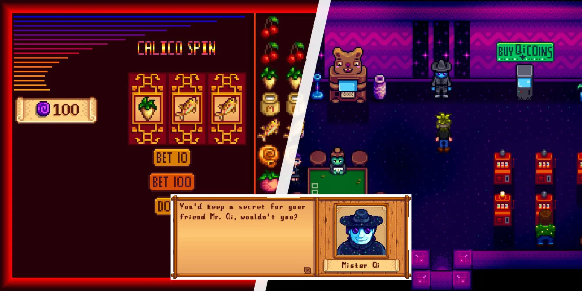 Ông Qi nói chuyện với người chơi bên trong Sòng bạc ở Stardew Valley