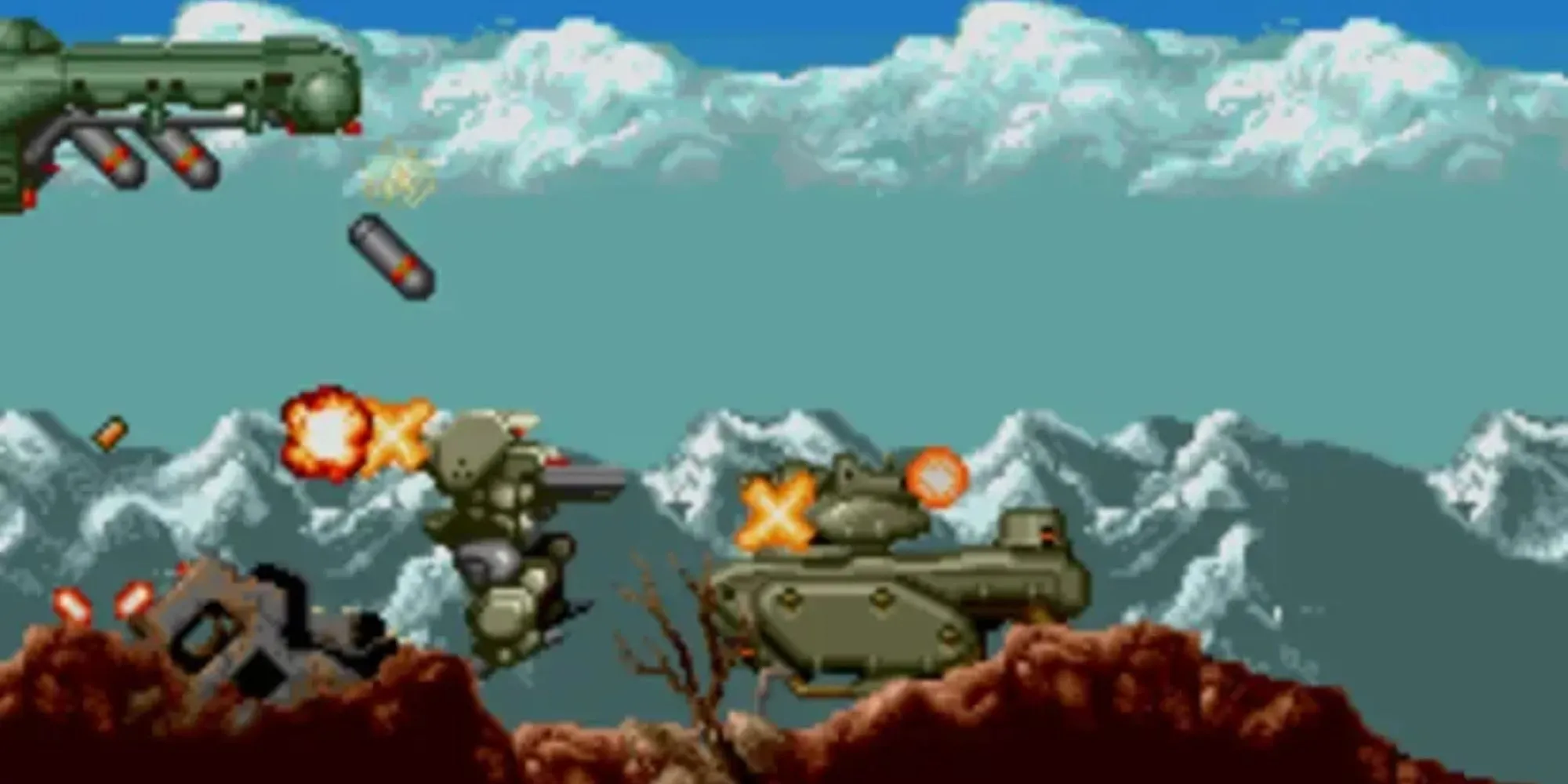Robot mecha màu xanh lá cây chiến đấu giữa những tòa nhà đổ nát trong game chạy và bắn Cybernator trên SNES
