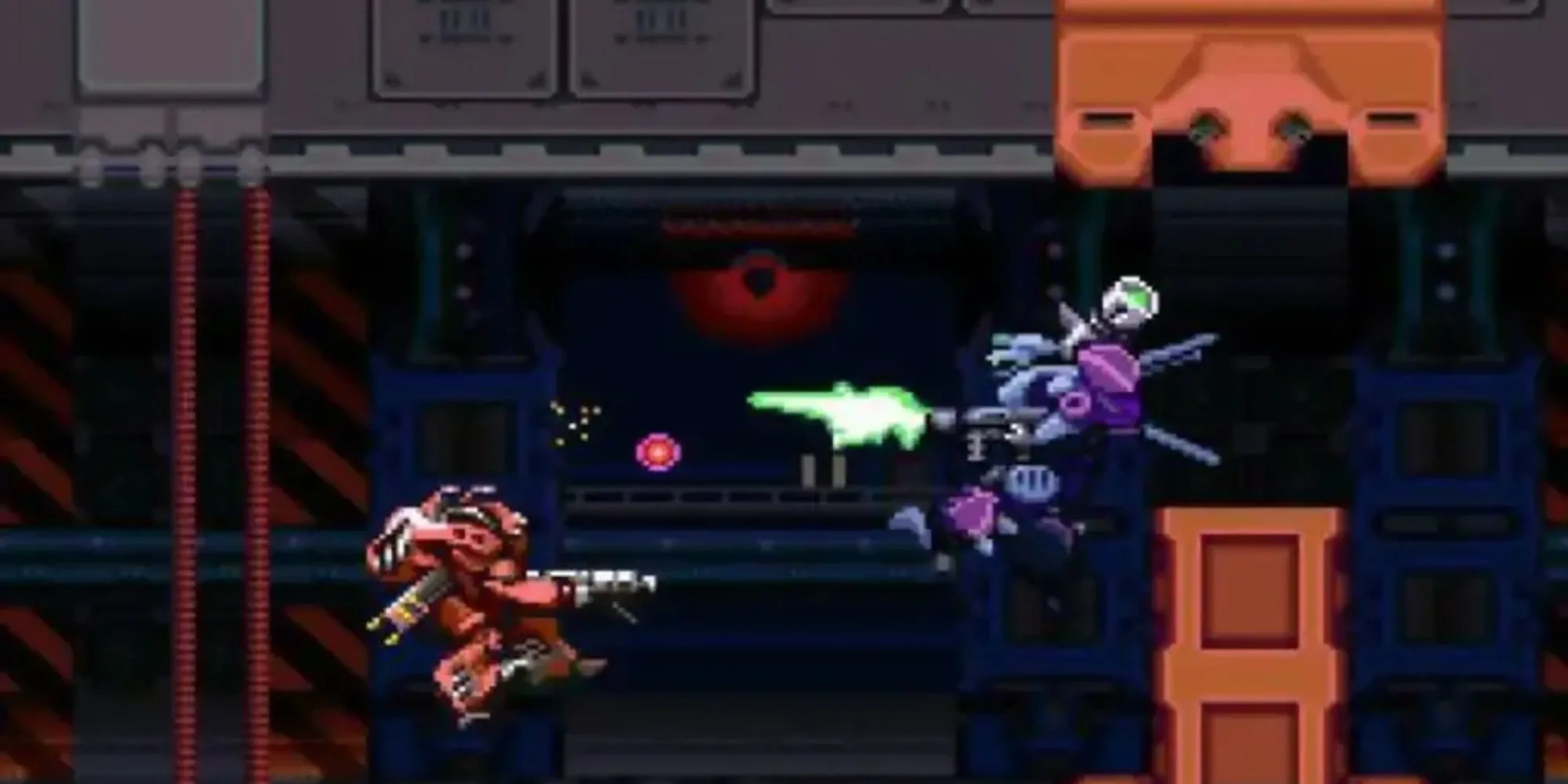 Robot mecha màu xanh lá cây đang chiến đấu trong một màn chơi hành động cuộn cảnh ngang trong Metal Warriors trên SNES