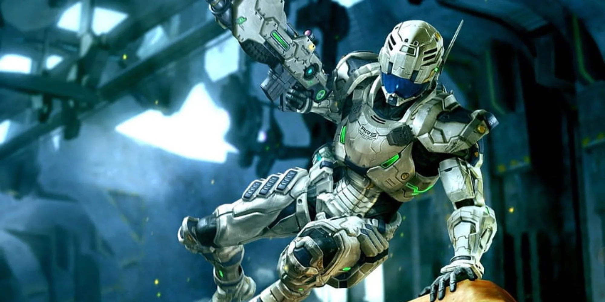 Sam Gideon sliding in his suit, shooting an enemy in Vanquish