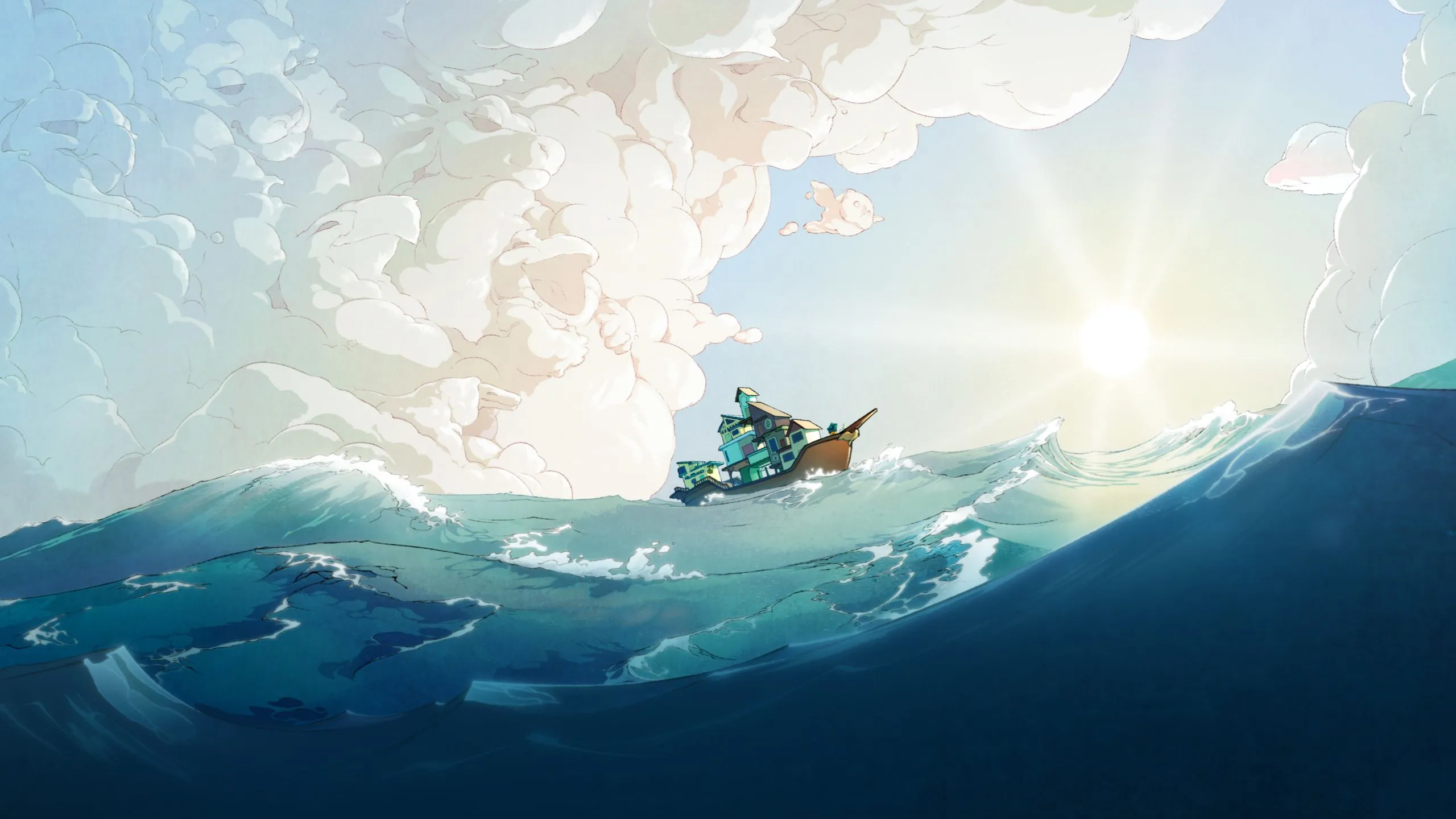 Stella đứng trên mũi con tàu đầy màu sắc cùng các linh hồn trong game Spiritfarer