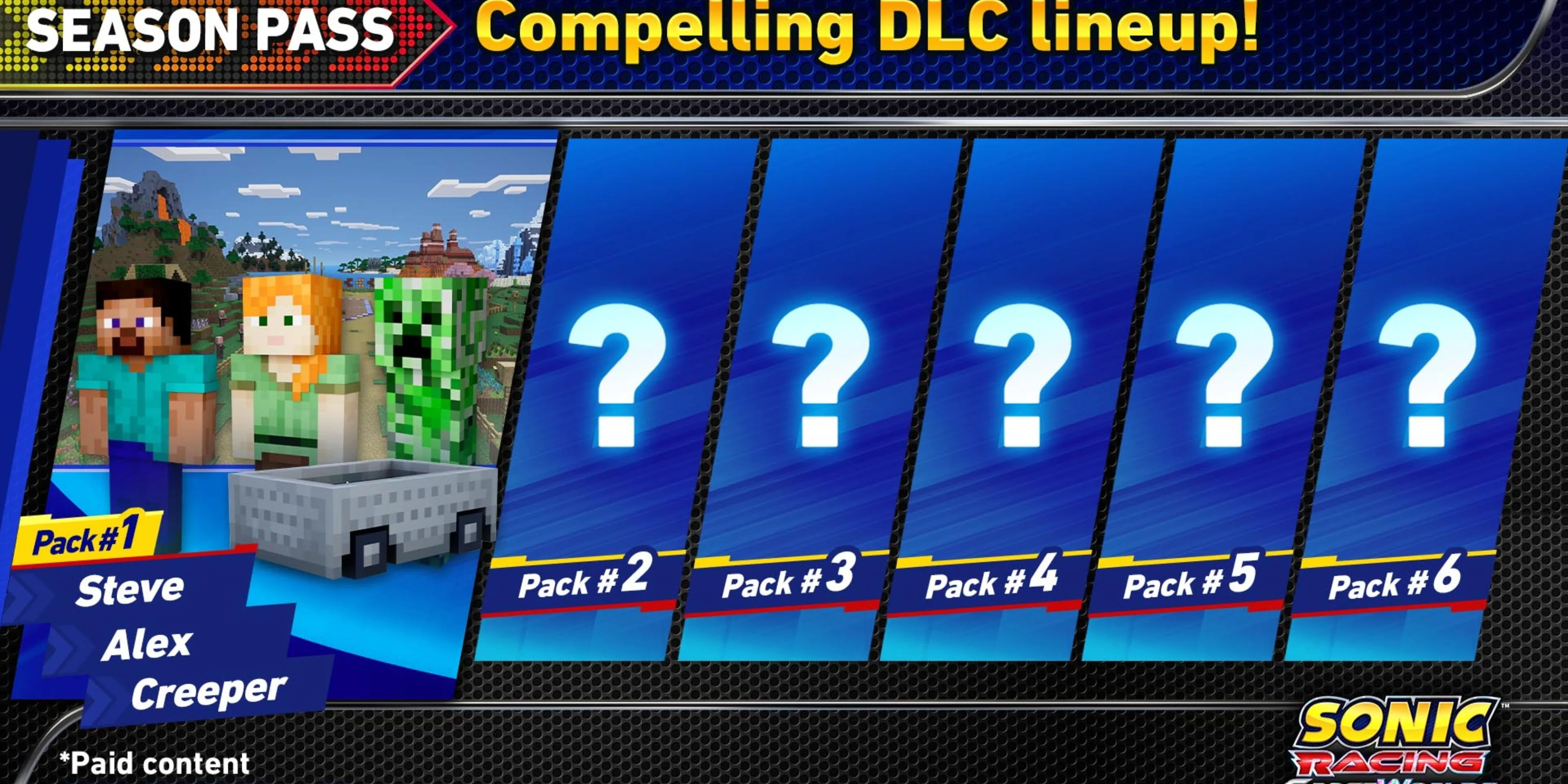 Các gói nội dung của Season Pass Sonic Racing CrossWorlds, bao gồm gói Minecraft với Steve và Alex cùng 5 gói mở rộng khác đã được xác nhận.