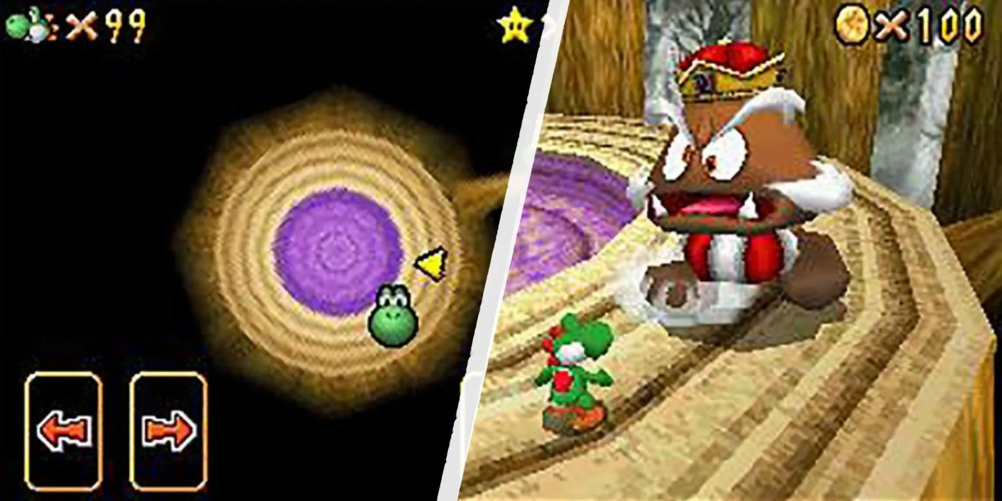 Bản đồ nhỏ và cảnh đấu trùm Vua Goomba cạnh nhau trong Super Mario 64 DS.