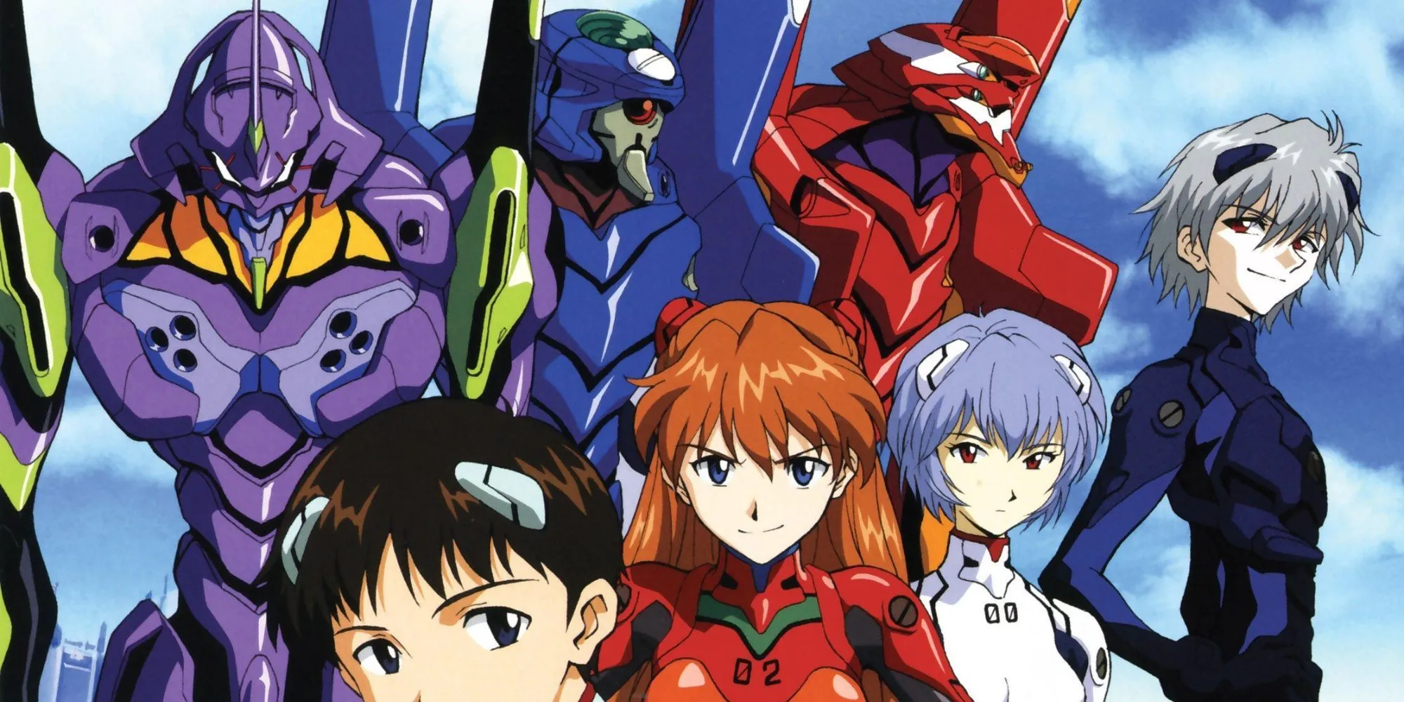 Dàn nhân vật chính Evangelion cùng với các cỗ máy Eva đặc trưng của họ